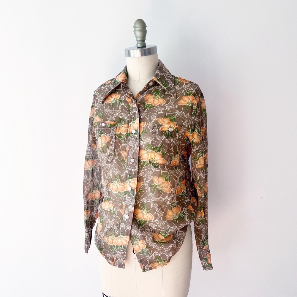 70s Vintage Disco Collar Button Down Brown Orange Floral Russ Shirt Company Top